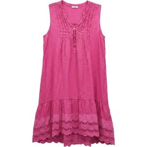 Rosemarine Fuchsia Pink  Linen Eyelet Lace Midi Dress L Summer Lagenlook Italy